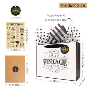 Crisky 40th Birthday Gift Wrap Bag Vintage 1984 with 40th Birthday Card Matching Envelope Sticker and Tissue Paper for Women/Men/Wife/Husband/Mom/Dad, 13" x 10" x 5"