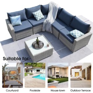 Temminkii Outdoor 6-Pieces Outdoor Warm Grey Wicker Sectional Sofas Patio Conversation Set W Blue Thickened Cushions,Coffee Table for Poolside,Backyard,Garden