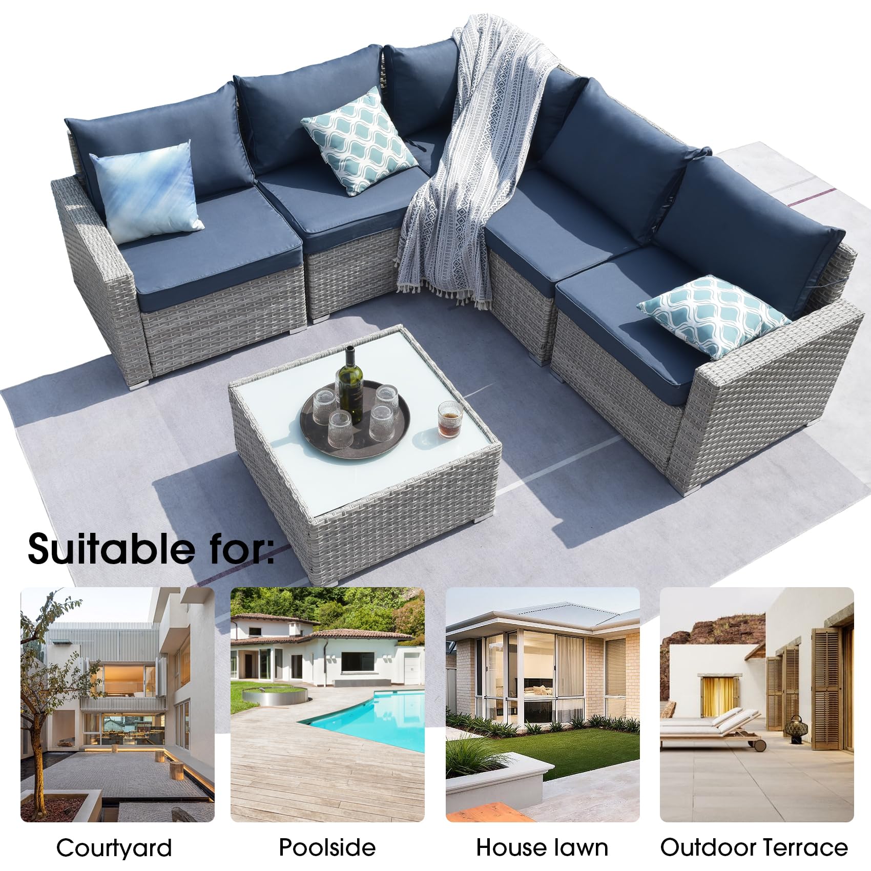 Temminkii Outdoor 6-Pieces Outdoor Warm Grey Wicker Sectional Sofas Patio Conversation Set W Blue Thickened Cushions,Coffee Table for Poolside,Backyard,Garden