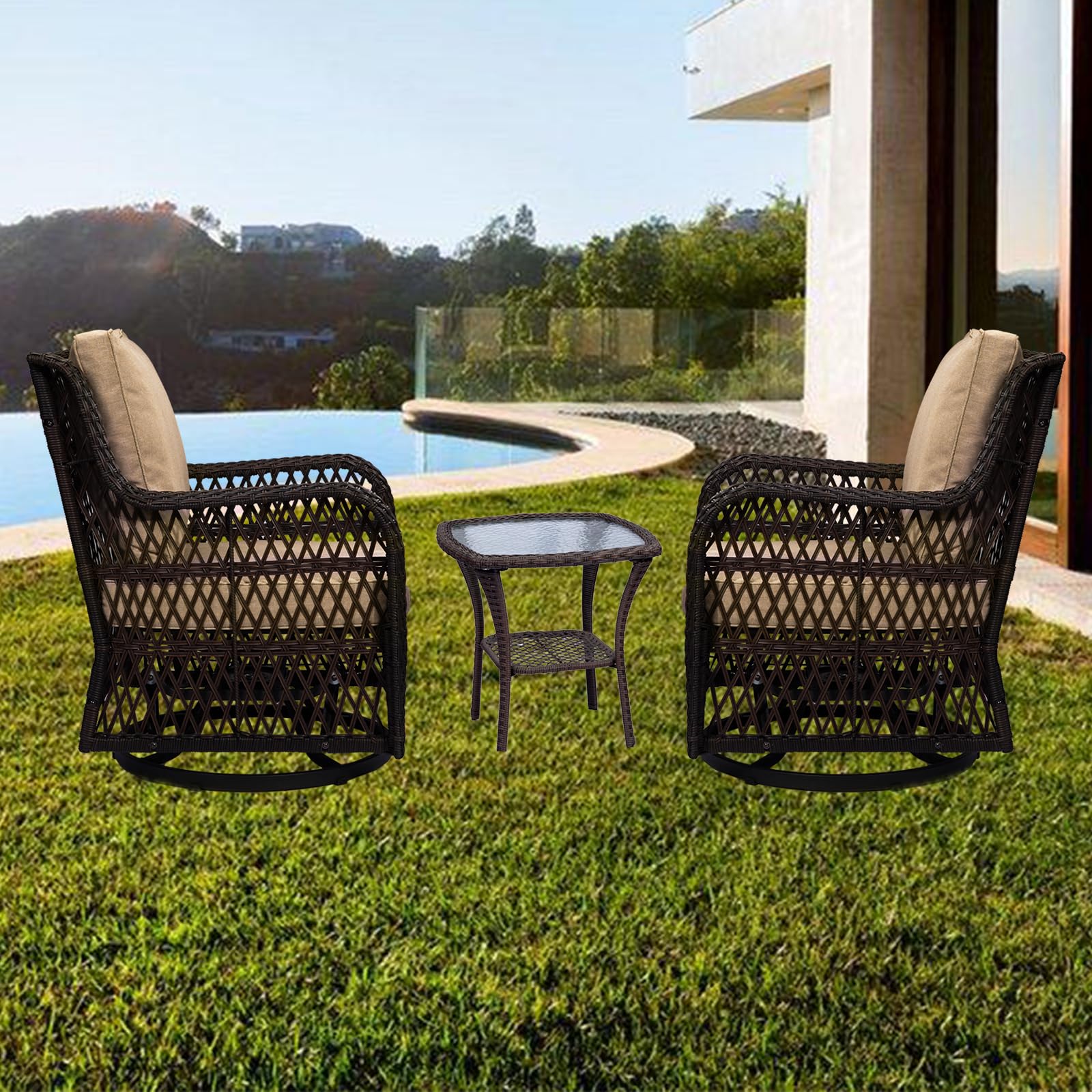 Rocking Swivel Chair, Outdoor Rattan Chairs Set with Side Table and Cushions, Patio Conversation Furniture Set 3 Piece for Outside Porch Deck Balcony Garden Backyard