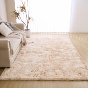 Calctic Fluffy 4x6 Shag Area Rug, Washable Tie-Dyed Beige Large Rug for Living Room and Bedroom, Soft Plush Faux Fur Carpet Ideal for Nursery Boys and Girls, Non-Slip Area Rug Perfect for Playroom