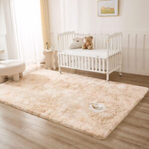 Calctic Fluffy 4x6 Shag Area Rug, Washable Tie-Dyed Beige Large Rug for Living Room and Bedroom, Soft Plush Faux Fur Carpet Ideal for Nursery Boys and Girls, Non-Slip Area Rug Perfect for Playroom