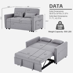 JEEOHEY 3-in-1 Convertible Sleeper Sofa Bed,54" Modern Linen Pull Out Couch Bed,Comfy Futon Small Love Seat Sofa with Adjustable Backrest&Pillows for Living Room,Bedroom,Apartment(Grey)