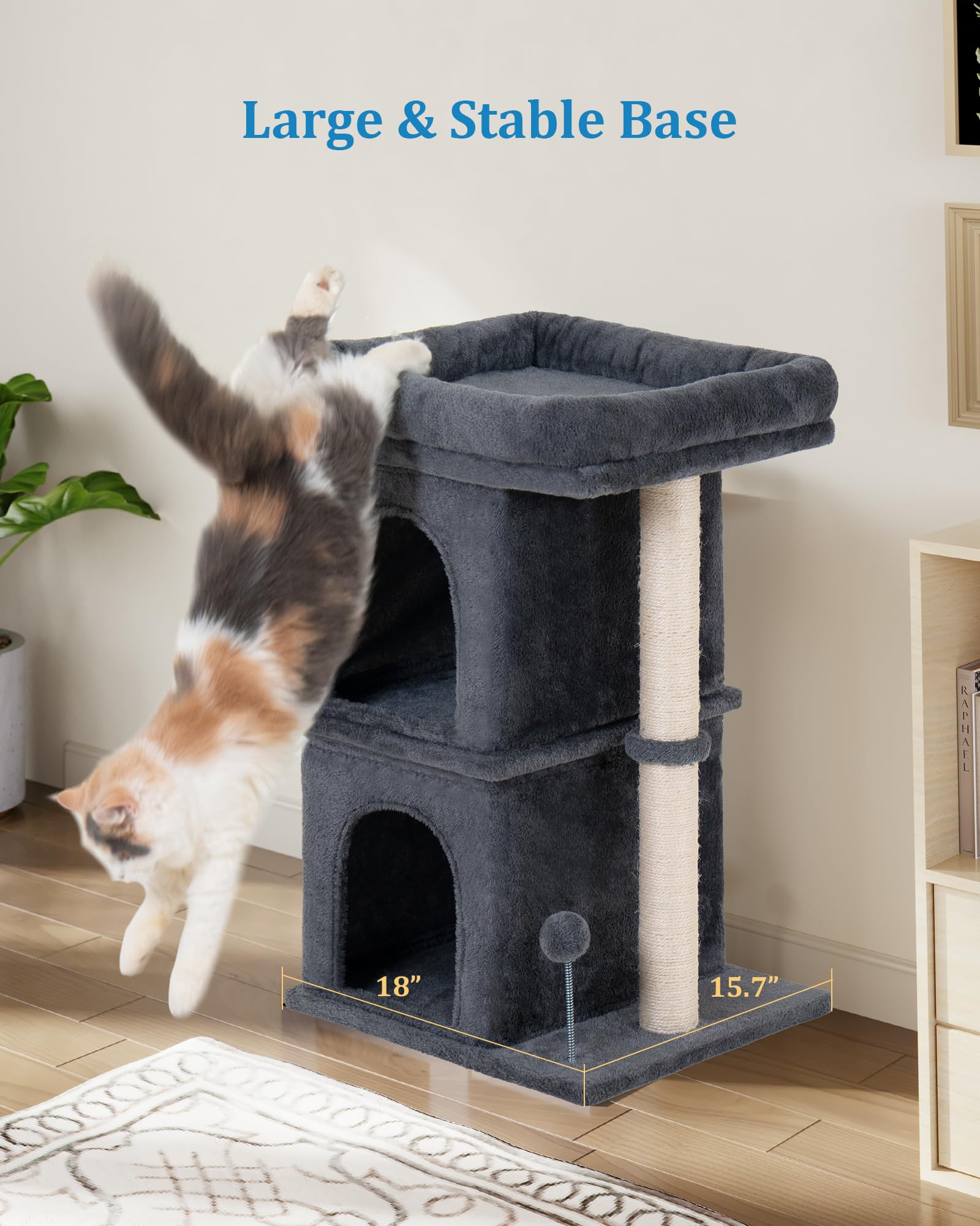 Aechonow Cat Tree for Large Cat, 19 * 16.5In Large Cat Perch, Adult Cat Tower for Indoor Cats with 24In Long Scratching Post, 2 Cozy Cat Condo House for Adult & Fat Cats, Dark Gray