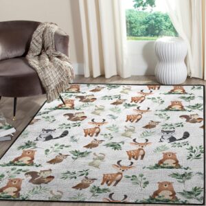 Baby Woodland Animals Green Leaves Area Rugs Bear Deer Owl Bunny Raccoon Squirrel Boho Leaf Throw Mat Floor Carpet Bath Mat for Toddler Nursery Bedroom Nursery Bathroom Living Room Kitchen 20x32inch