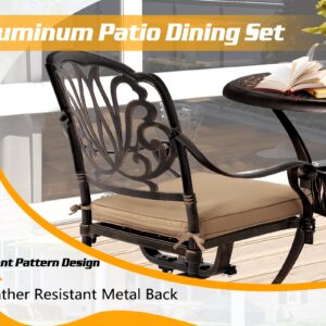 TITIMO 5-Piece Outdoor Patio Dining Set, All-Weather Cast Aluminum Patio Conversation Set with 4 Cushions Swivel Chairs and 35.4" Round Table, Umbrella Hole,for Backyard Garden Deck (Khaki)