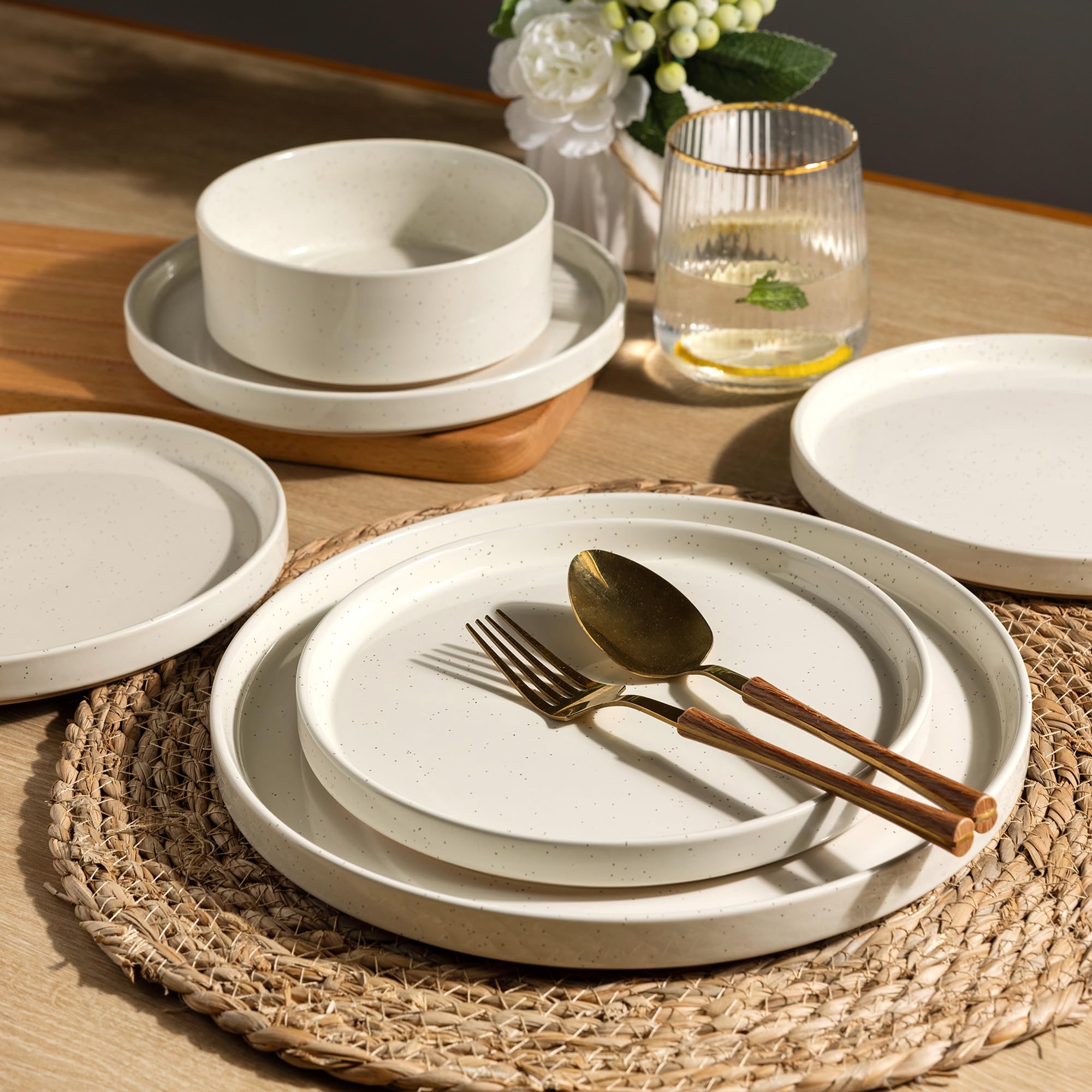 AmorArc Ceramic Dinnerware Set for 4 | Speckled Stoneware Plates and Bowls with unglazed terracotta | Scratch Resistant, Dishwasher & Microwave Safe Dishes Sets- 12-Pcs Beige