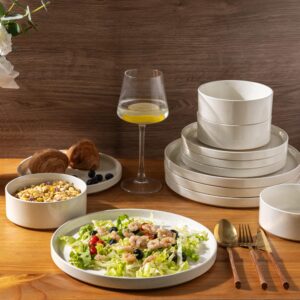 AmorArc Ceramic Dinnerware Set for 4 | Speckled Stoneware Plates and Bowls with unglazed terracotta | Scratch Resistant, Dishwasher & Microwave Safe Dishes Sets- 12-Pcs Beige