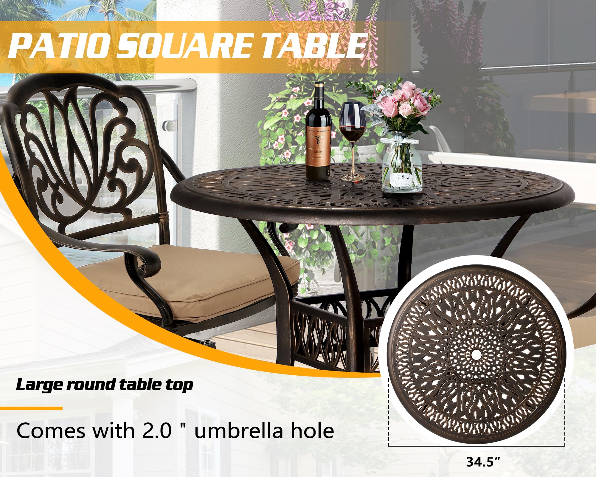 TITIMO 5-Piece Outdoor Patio Dining Set, All-Weather Cast Aluminum Patio Conversation Set with 4 Cushions Swivel Chairs and 35.4" Round Table, Umbrella Hole,for Backyard Garden Deck (Khaki)