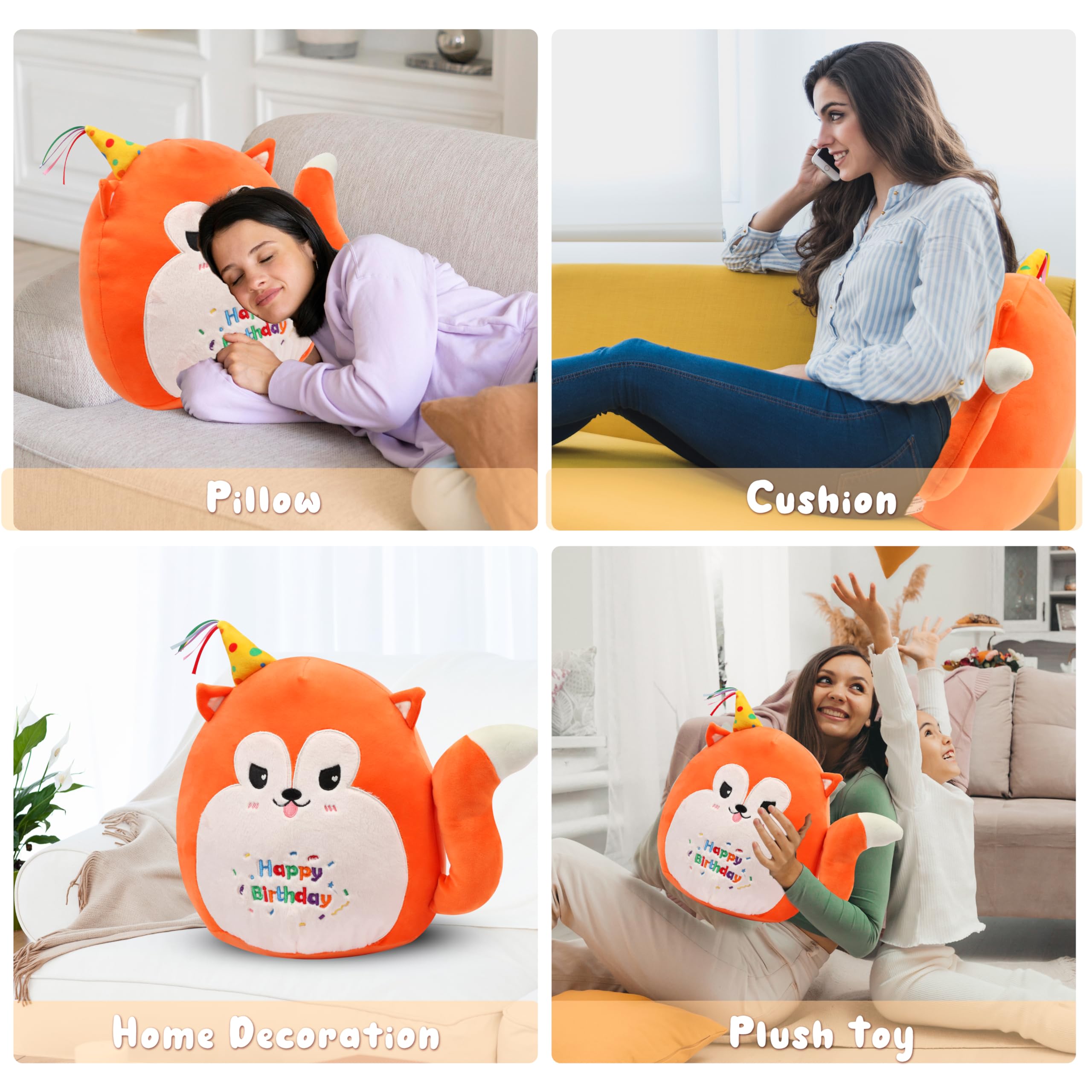 Easfan 12’’ Birthday Fox Plush Pillow Soft Fox Plush Toy Cute Fox Stuffed Animal Home Room Decoration Birthday Gifts for Kids Adults, Orange