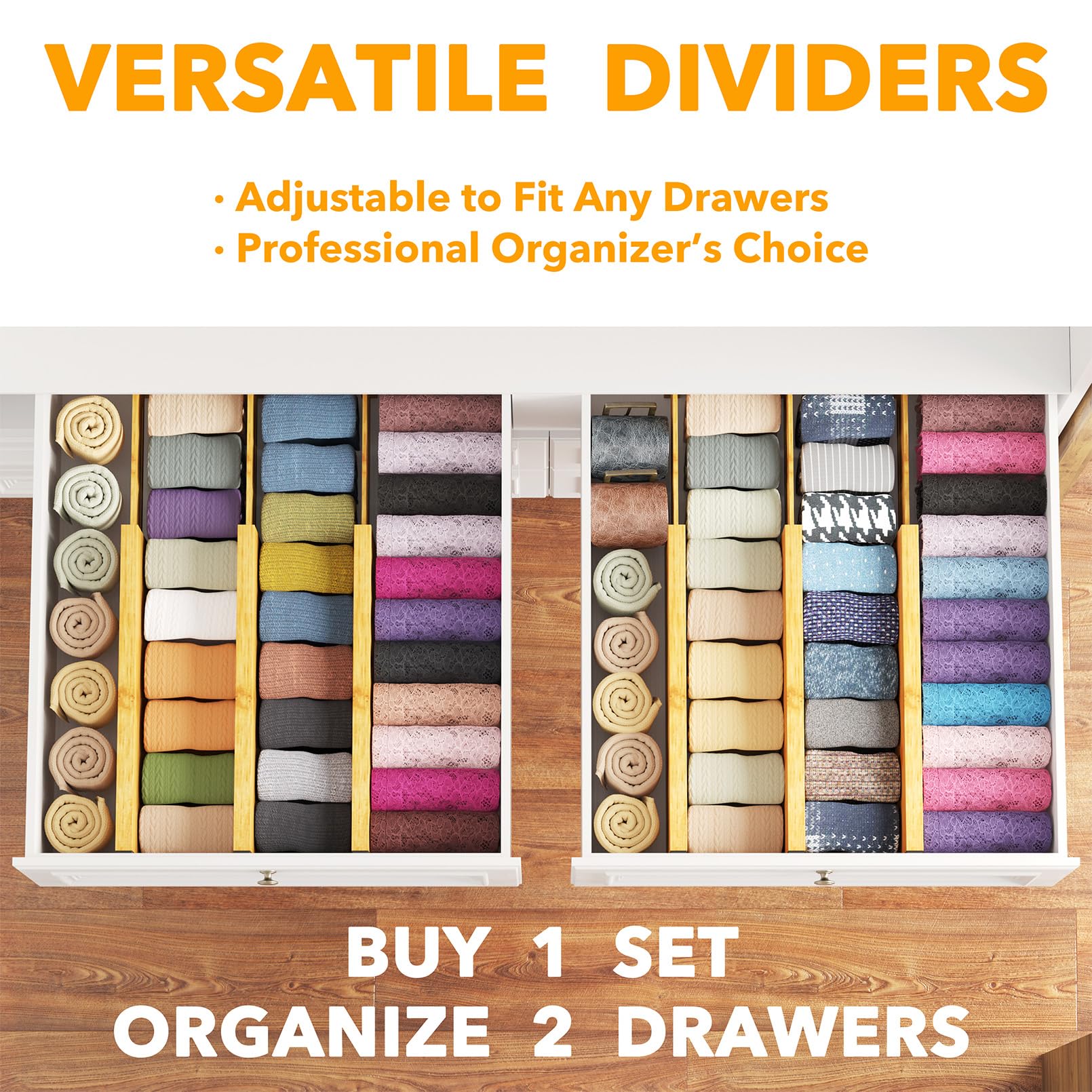 SpaceAid Bamboo Dresser Drawer Dividers 6 Pack, 4.65“ High Adjustable 12.5“-17” Drawer Organizers, Expandable Organization for Clothing, Clothes, Dressers, Natural