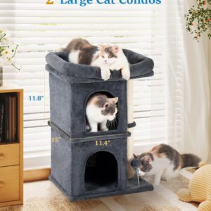 Aechonow Cat Tree for Large Cat, 19 * 16.5In Large Cat Perch, Adult Cat Tower for Indoor Cats with 24In Long Scratching Post, 2 Cozy Cat Condo House for Adult & Fat Cats, Dark Gray