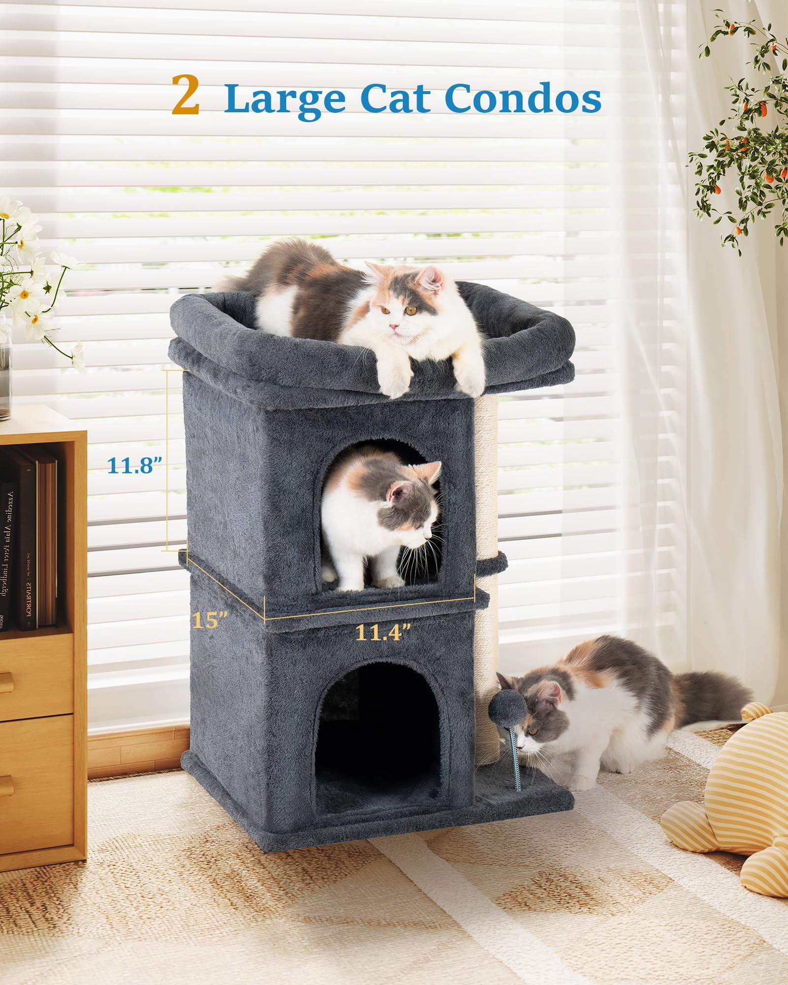 Aechonow Cat Tree for Large Cat, 19 * 16.5In Large Cat Perch, Adult Cat Tower for Indoor Cats with 24In Long Scratching Post, 2 Cozy Cat Condo House for Adult & Fat Cats, Dark Gray