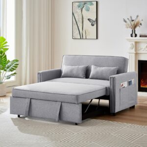 JEEOHEY 3-in-1 Convertible Sleeper Sofa Bed,54" Modern Linen Pull Out Couch Bed,Comfy Futon Small Love Seat Sofa with Adjustable Backrest&Pillows for Living Room,Bedroom,Apartment(Grey)