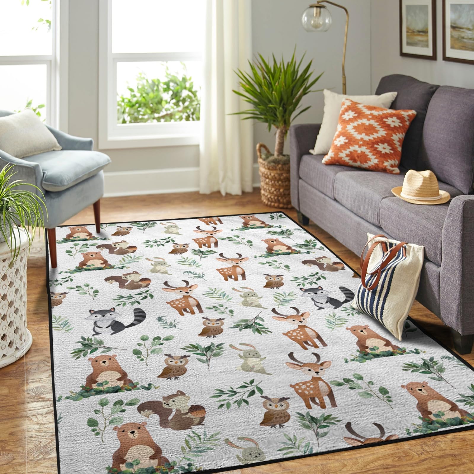 Baby Woodland Animals Green Leaves Area Rugs Bear Deer Owl Bunny Raccoon Squirrel Boho Leaf Throw Mat Floor Carpet Bath Mat for Toddler Nursery Bedroom Nursery Bathroom Living Room Kitchen 20x32inch