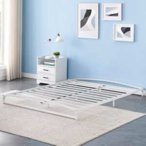 idealhouse low profile full bed frame, 6 inch heavy duty metal full size platform bed frame, mattress foundation with steel slat support, no box spring needed, easy assembly, white