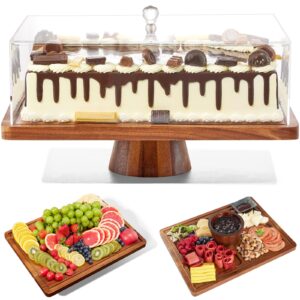 cake stand with lid-acacia wood cake stand,2-in-1 shatterproof serving platter & charcuterie board with lid, dessert table display for party,fruit tray,cheese,veggie,large rectangular cake dome cover