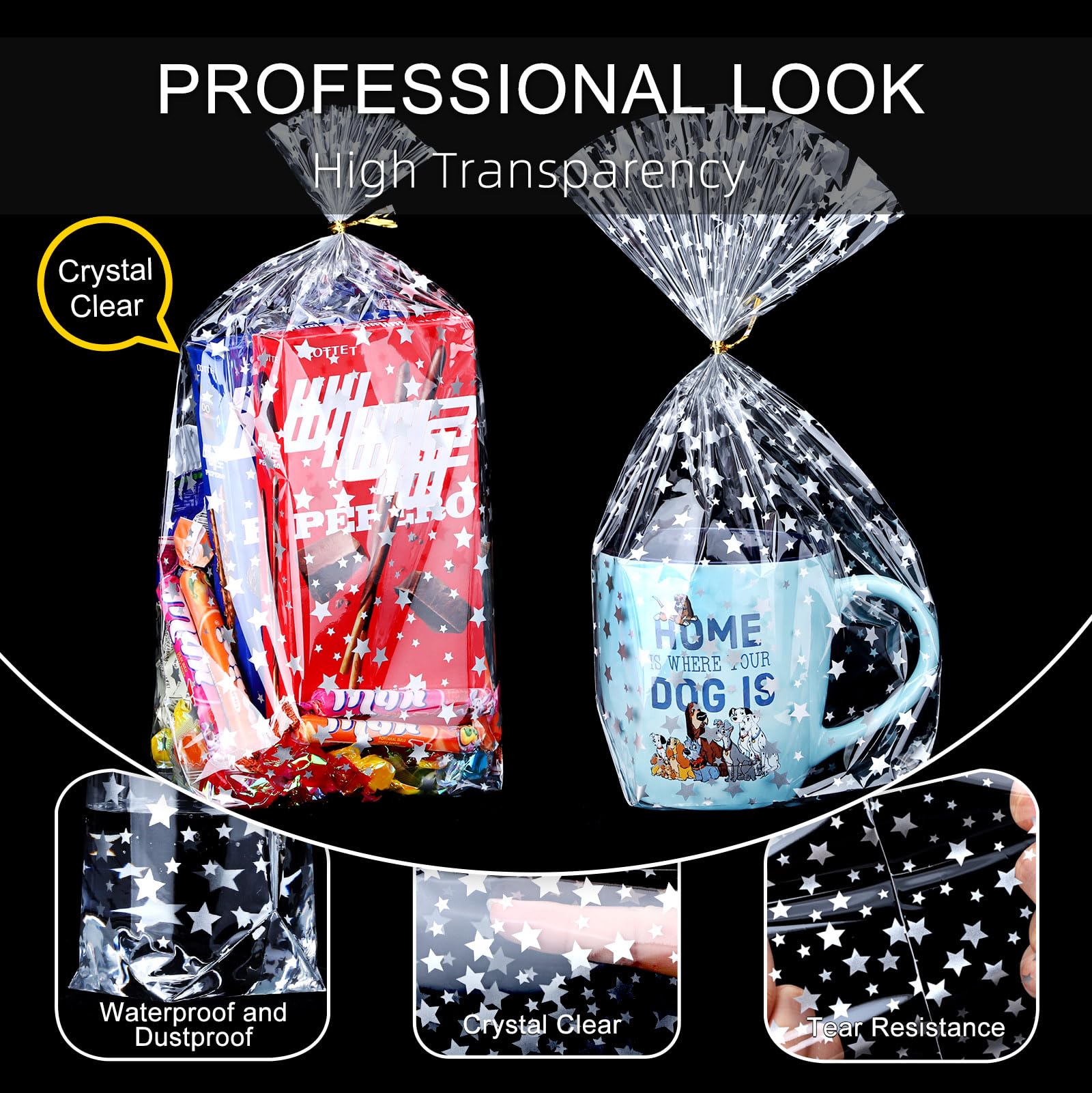 Bottom Gusset Bags 50Pcs 8X12" Silver Star Clear Cellophane Bags Plastic Gift Bags Cello Bags Treat Bags Bulk Party Favor Goodie Cookie with Gold Twist Tie