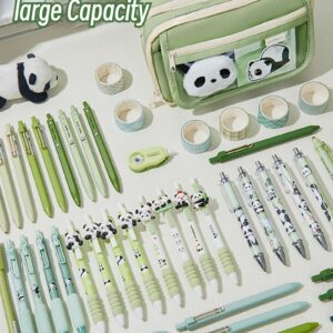 Ecqizer 10Pcs Cute Panda Pencil Case Large Capacity for Adults Aesthetic Pencil Case Kawaii Pencil Pouch Cute With Zipper Preppy Pen Bag With Gel Ink Pens, Clips, Stickers, Pin (Green)