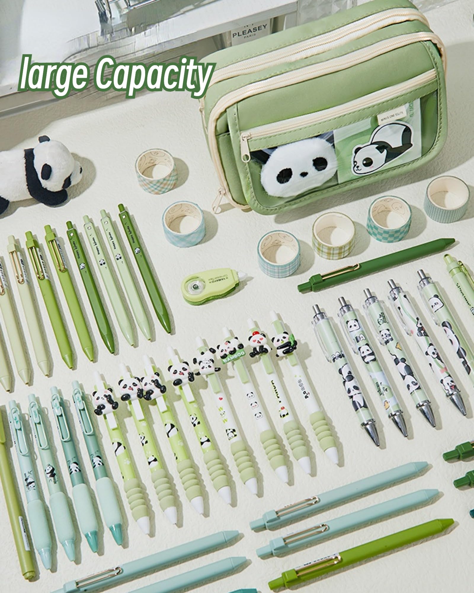 Ecqizer 10Pcs Cute Panda Pencil Case Large Capacity for Adults Aesthetic Pencil Case Kawaii Pencil Pouch Cute With Zipper Preppy Pen Bag With Gel Ink Pens, Clips, Stickers, Pin (Green)