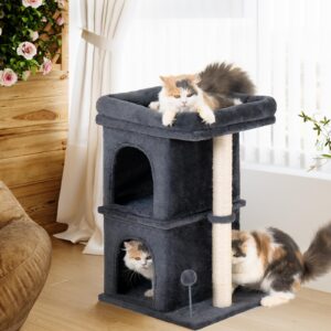 Aechonow Cat Tree for Large Cat, 19 * 16.5In Large Cat Perch, Adult Cat Tower for Indoor Cats with 24In Long Scratching Post, 2 Cozy Cat Condo House for Adult & Fat Cats, Dark Gray