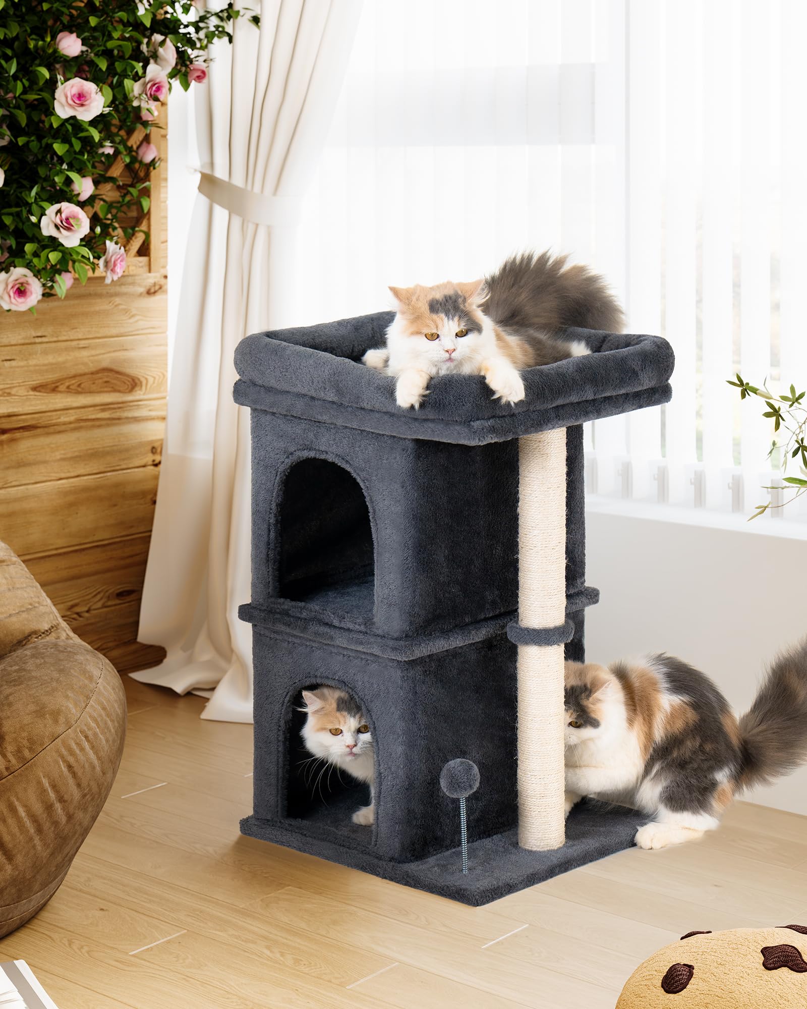 Aechonow Cat Tree for Large Cat, 19 * 16.5In Large Cat Perch, Adult Cat Tower for Indoor Cats with 24In Long Scratching Post, 2 Cozy Cat Condo House for Adult & Fat Cats, Dark Gray