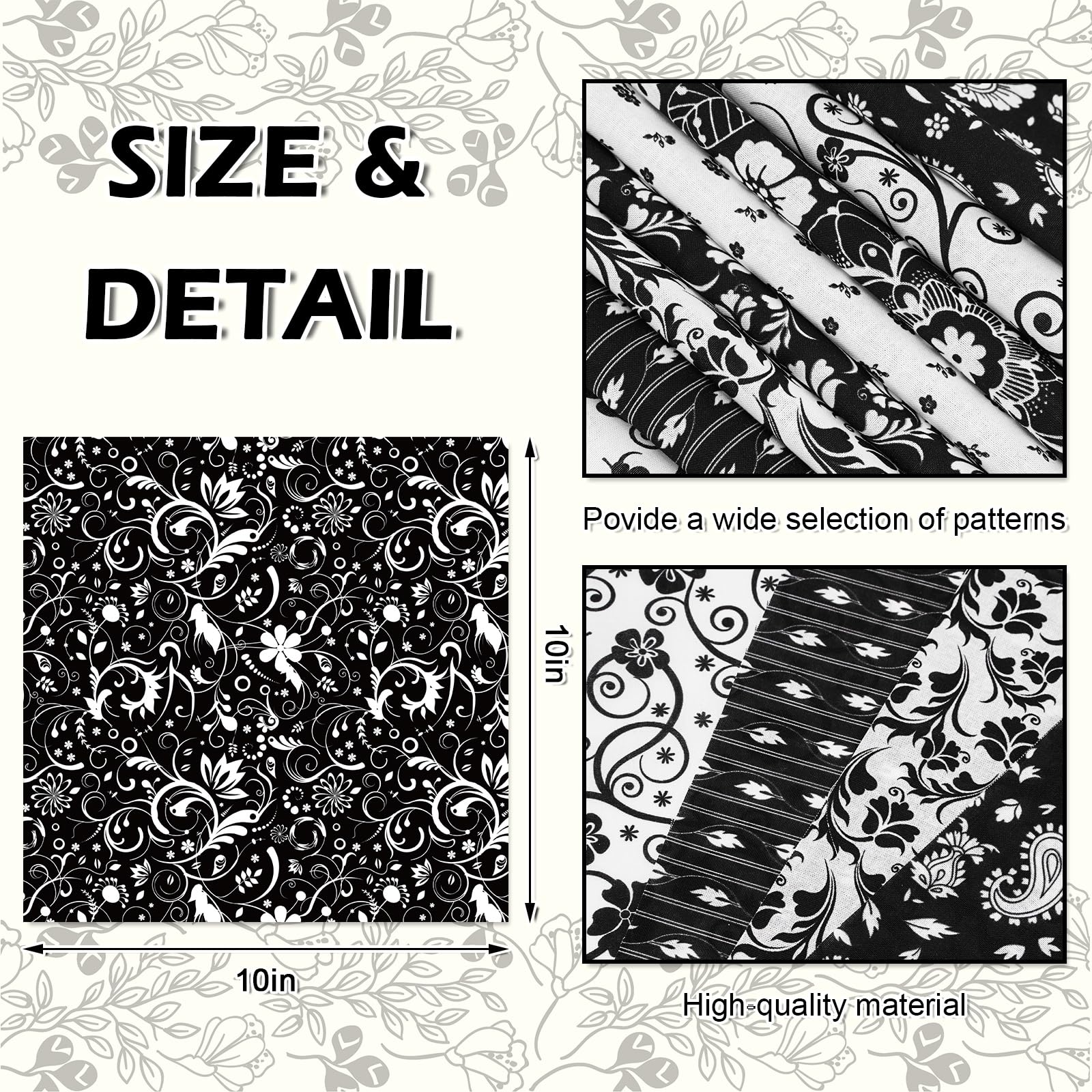 Whaline 60Pcs Flower Cotton Fabric Bundles Black White Floral Fat Quarters Flower Leaves Sewing Fabrics for DIY Handmade Crafting, 10 x 10 Inch