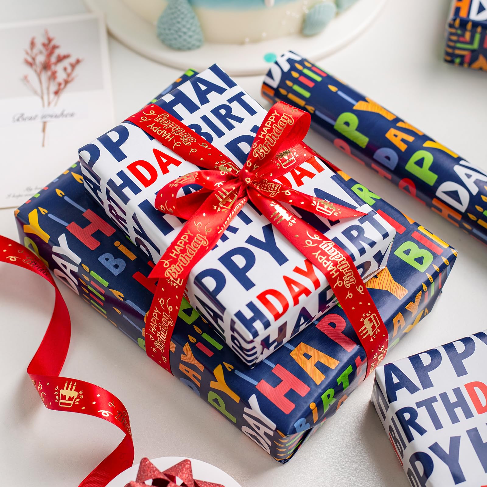 Reversible Birthday Wrapping Paper Roll - 17 Inch X 33 Ft(46.8 Sq.Ft.Ttl) - Creative Colorful Happy Birthday Lettering & Candle Navy Blue Gift Wrap Paper for Birthday, Party, Baby Shower & Holiday