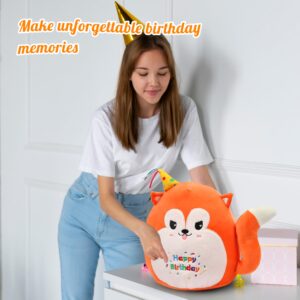 Easfan 12’’ Birthday Fox Plush Pillow Soft Fox Plush Toy Cute Fox Stuffed Animal Home Room Decoration Birthday Gifts for Kids Adults, Orange