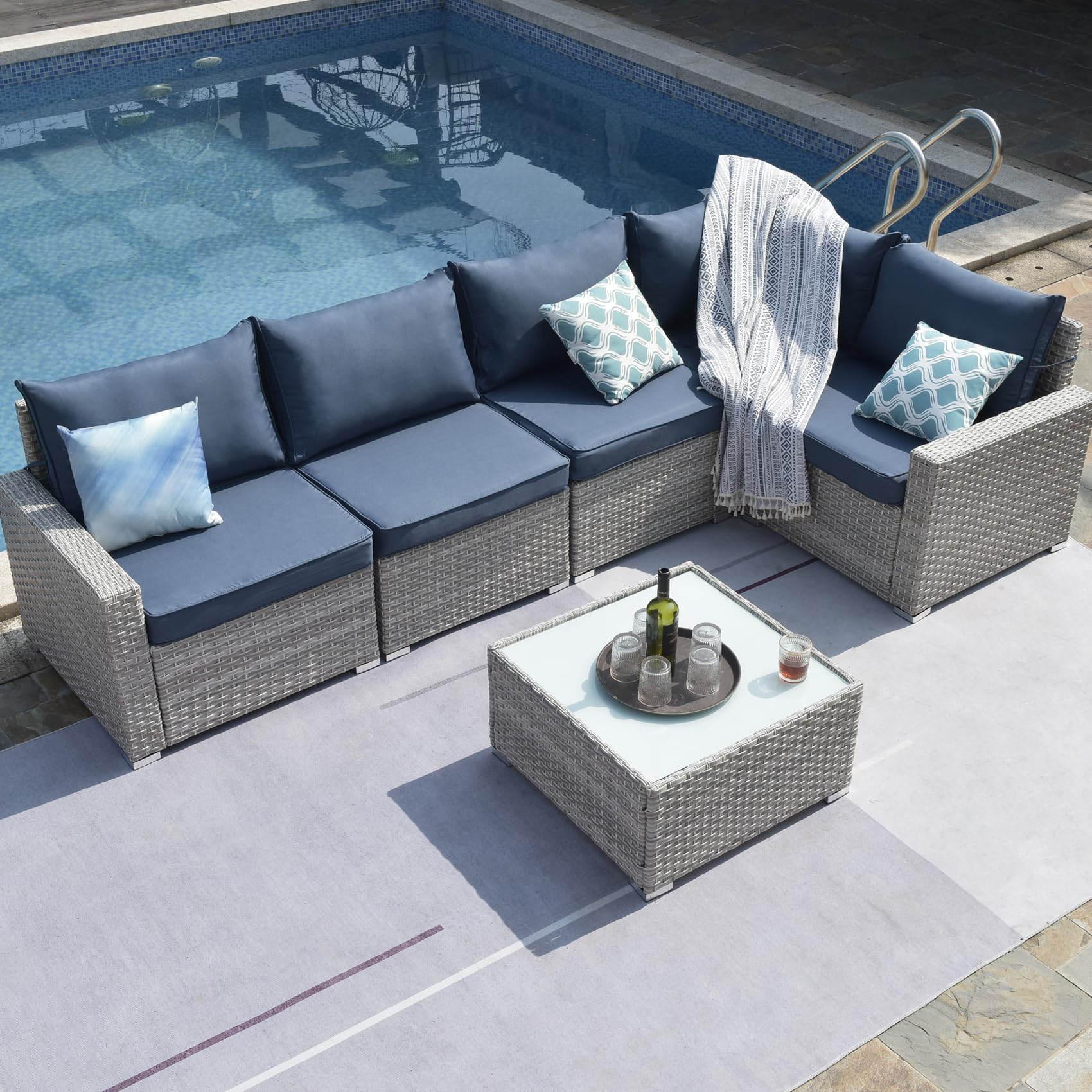 Temminkii Outdoor 6-Pieces Outdoor Warm Grey Wicker Sectional Sofas Patio Conversation Set W Blue Thickened Cushions,Coffee Table for Poolside,Backyard,Garden