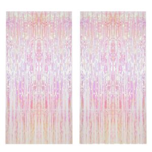 mobunnly 2 pack iridescent metallic foil fringe curtains, 3ft x 6.5ft photo booth backdrop transparent pink door window curtain party streamers for wedding party birthday stage bridal shower decor