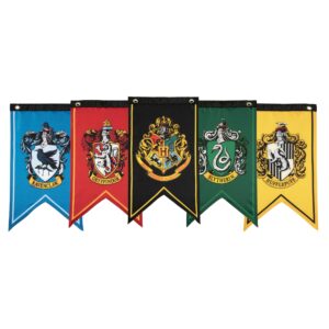 conquest journals harry potter wizarding house banner flag set, 12'' x 20'' polyester flags, set of 5 includes hogwarts crest, gryffindor, slytherin, ravenclaw & hufflepuff banners, birthday party