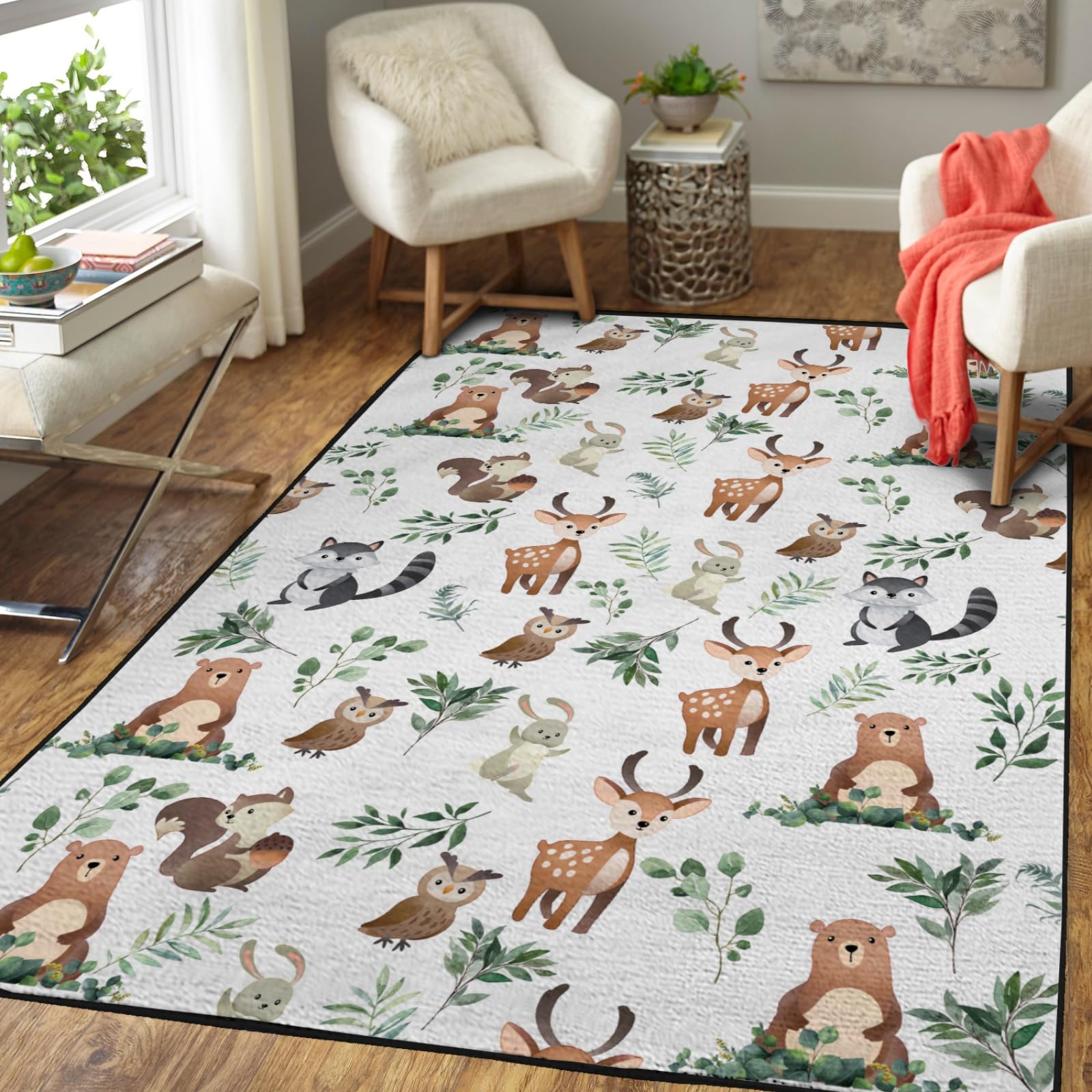 Baby Woodland Animals Green Leaves Area Rugs Bear Deer Owl Bunny Raccoon Squirrel Boho Leaf Throw Mat Floor Carpet Bath Mat for Toddler Nursery Bedroom Nursery Bathroom Living Room Kitchen 20x32inch