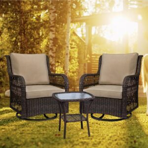 Rocking Swivel Chair, Outdoor Rattan Chairs Set with Side Table and Cushions, Patio Conversation Furniture Set 3 Piece for Outside Porch Deck Balcony Garden Backyard