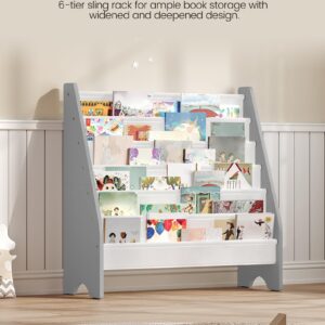 CHOEZON 6-Tier Kids Bookshelf, Kids Sling Bookcase, Magazine and Book Storage Rack, Large Capacity Book Organizer, Book Shelf for Kids Room, Bedroom, Nursery, Playroom, White and Gray MCW07WG