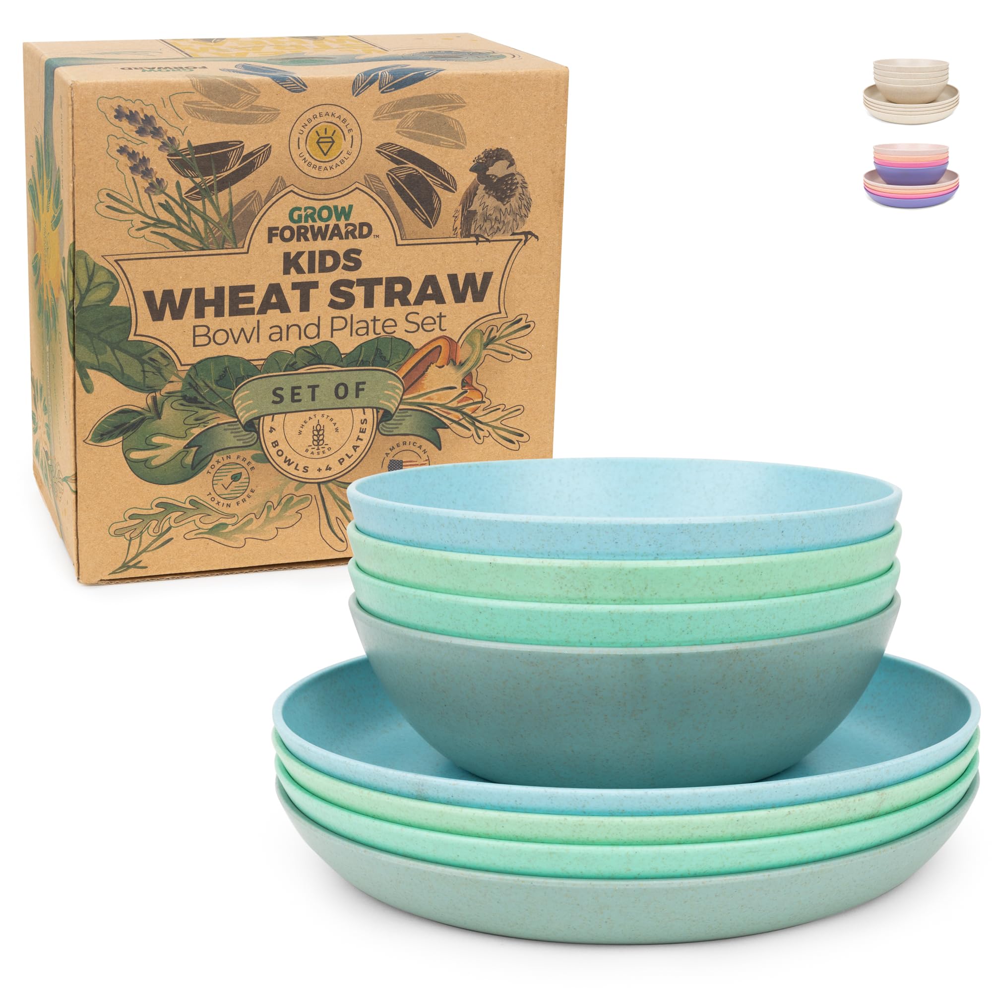 Grow Forward Wheat Straw Kids Plates and Bowls Sets - 8-Piece Unbreakable Dishwasher & Microwave Safe Plastic Plates for Kids - Reusable Non Toxic BPA-Free Dinnerware for Children - Rainforest