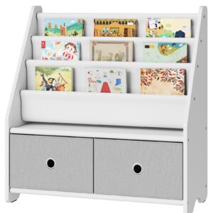 CHOEZON Kids Bookshelf and Toy Storage, 4 Tier Large Capacity Kids Book Rack, Sling Kids Bookcase, for Kids Room, Nursery, Playroom, White and Gray MCW06WT