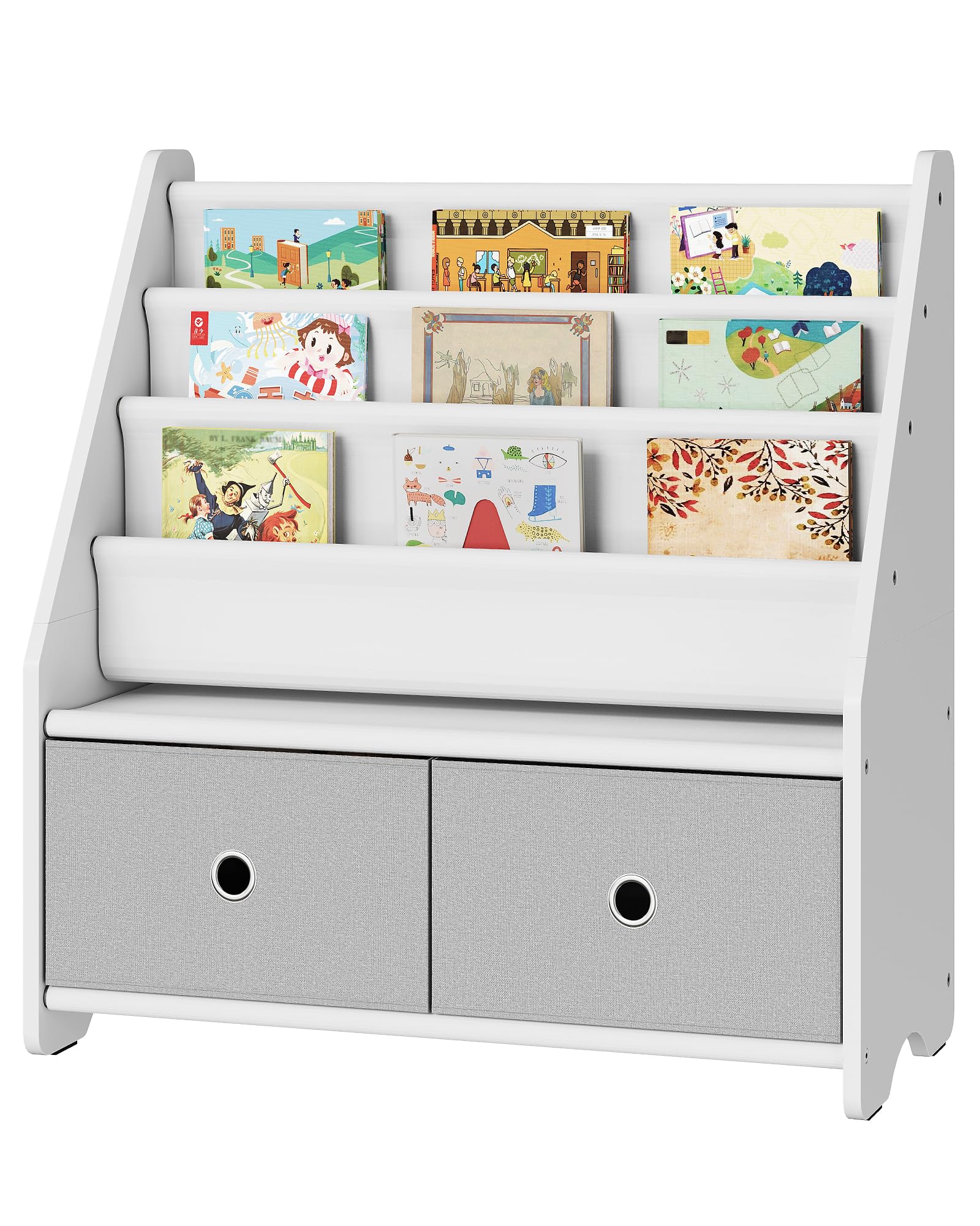 CHOEZON Kids Bookshelf and Toy Storage, 4 Tier Large Capacity Kids Book Rack, Sling Kids Bookcase, for Kids Room, Nursery, Playroom, White and Gray MCW06WT