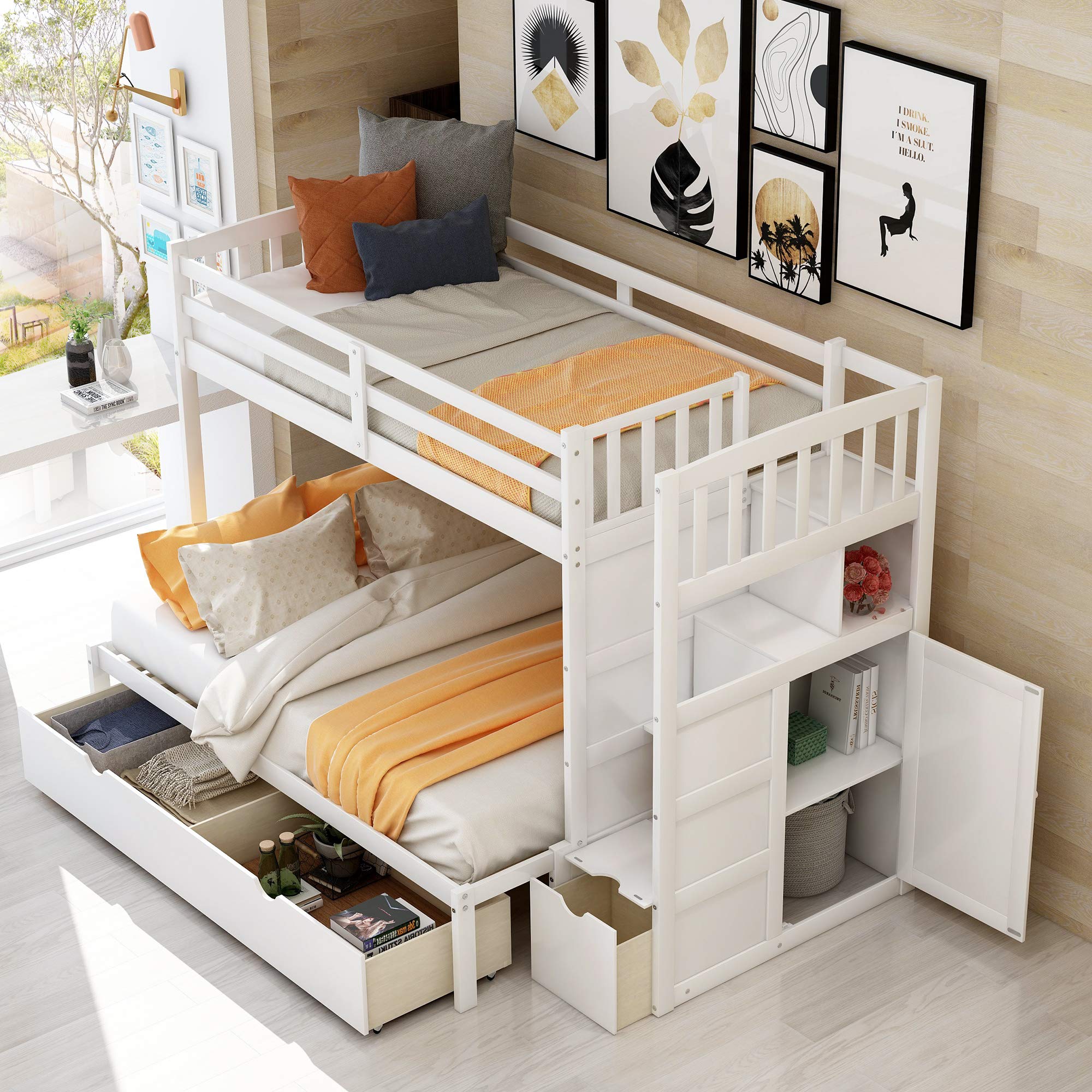 SOFTSEA Bunk Bed Twin Over Full with Drawers, Twin Over Twin Bunk Bed Frame with Storage Cabinet for Kids, No Box Spring Needed(White)