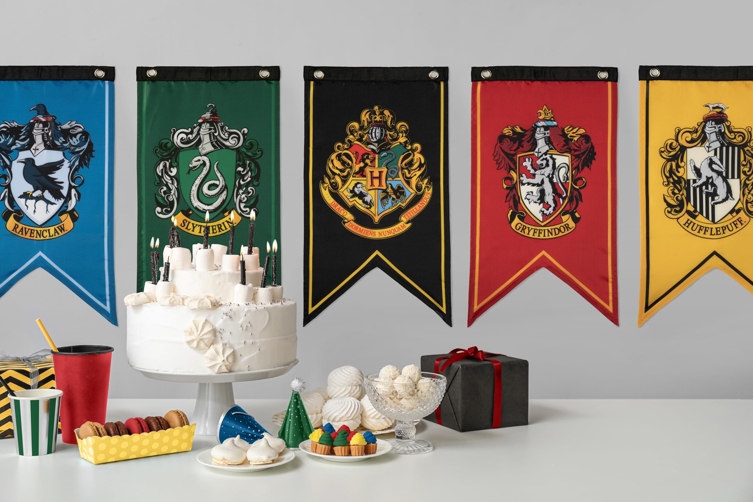 Conquest Journals Harry Potter Wizarding House Banner Flag Set, 12'' x 20'' Polyester Flags, Set of 5 Includes Hogwarts Crest, Gryffindor, Slytherin, Ravenclaw & Hufflepuff Banners, Birthday Party