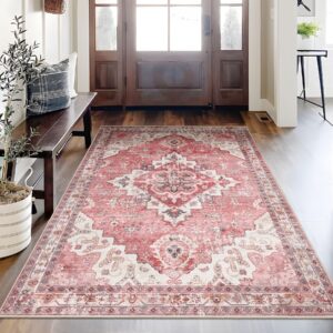 yesrug pink small rug 3x5 boho vintage rug for living room bathroom bedroom kitchen office area rug non slip washable low pile indoor distressed thin carpet