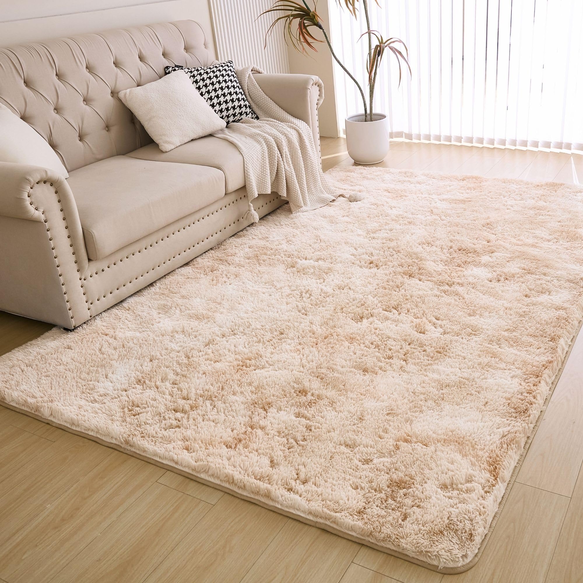 Calctic Fluffy 4x6 Shag Area Rug, Washable Tie-Dyed Beige Large Rug for Living Room and Bedroom, Soft Plush Faux Fur Carpet Ideal for Nursery Boys and Girls, Non-Slip Area Rug Perfect for Playroom