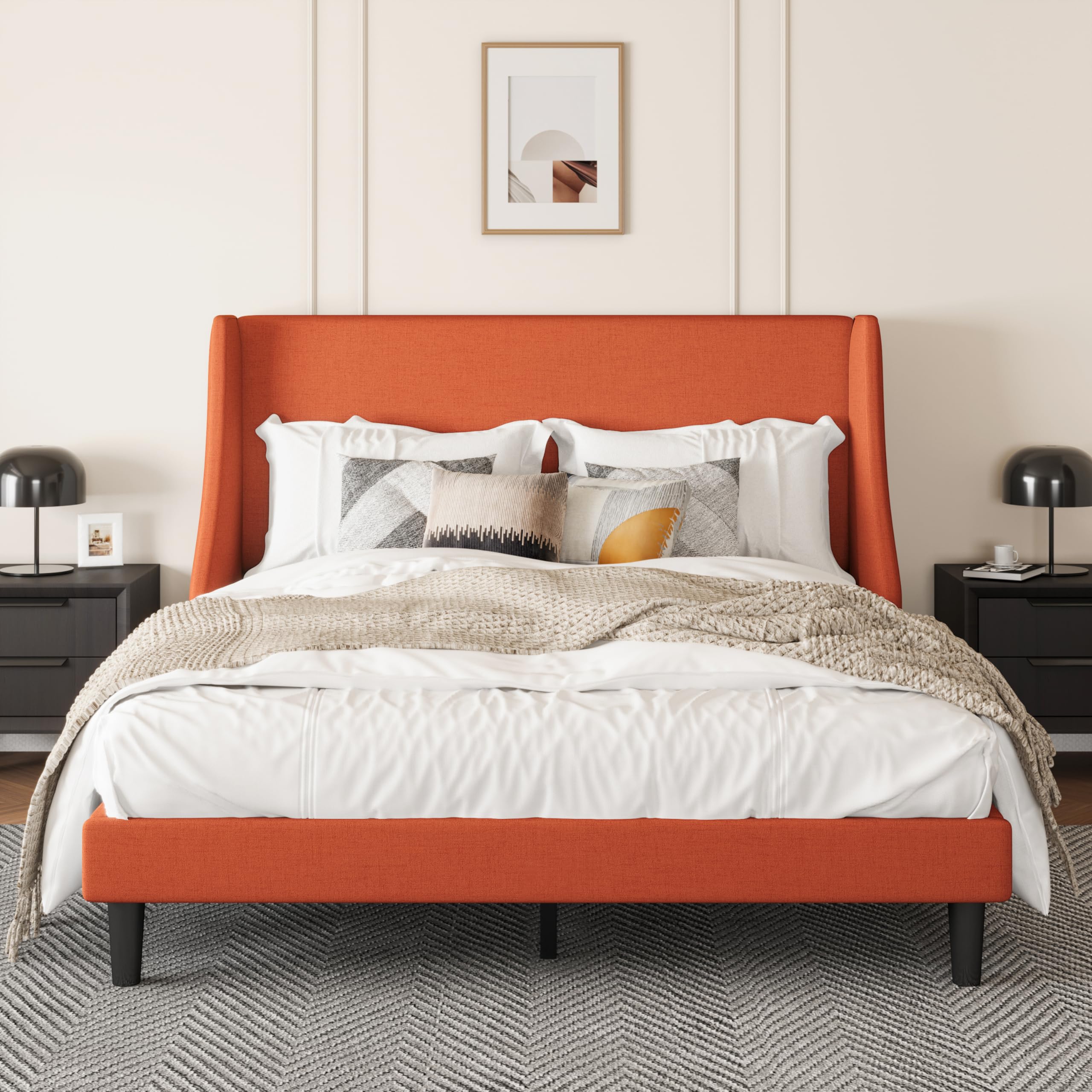 SHA CERLIN Upholstered Bed Frame Queen Size with Streamlined Wingback Headboard, Breathable Linen Fabric, Solid Wooden Slats, Easy Assembly, Orange