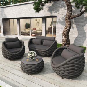 ercimi 4 Pieces Set Aluminum Outdoor&Indoor Sofa, Modern Patio Furniture Set Conversation Set with Soft Cushion and Coffee Table for Balcony Garden，Black