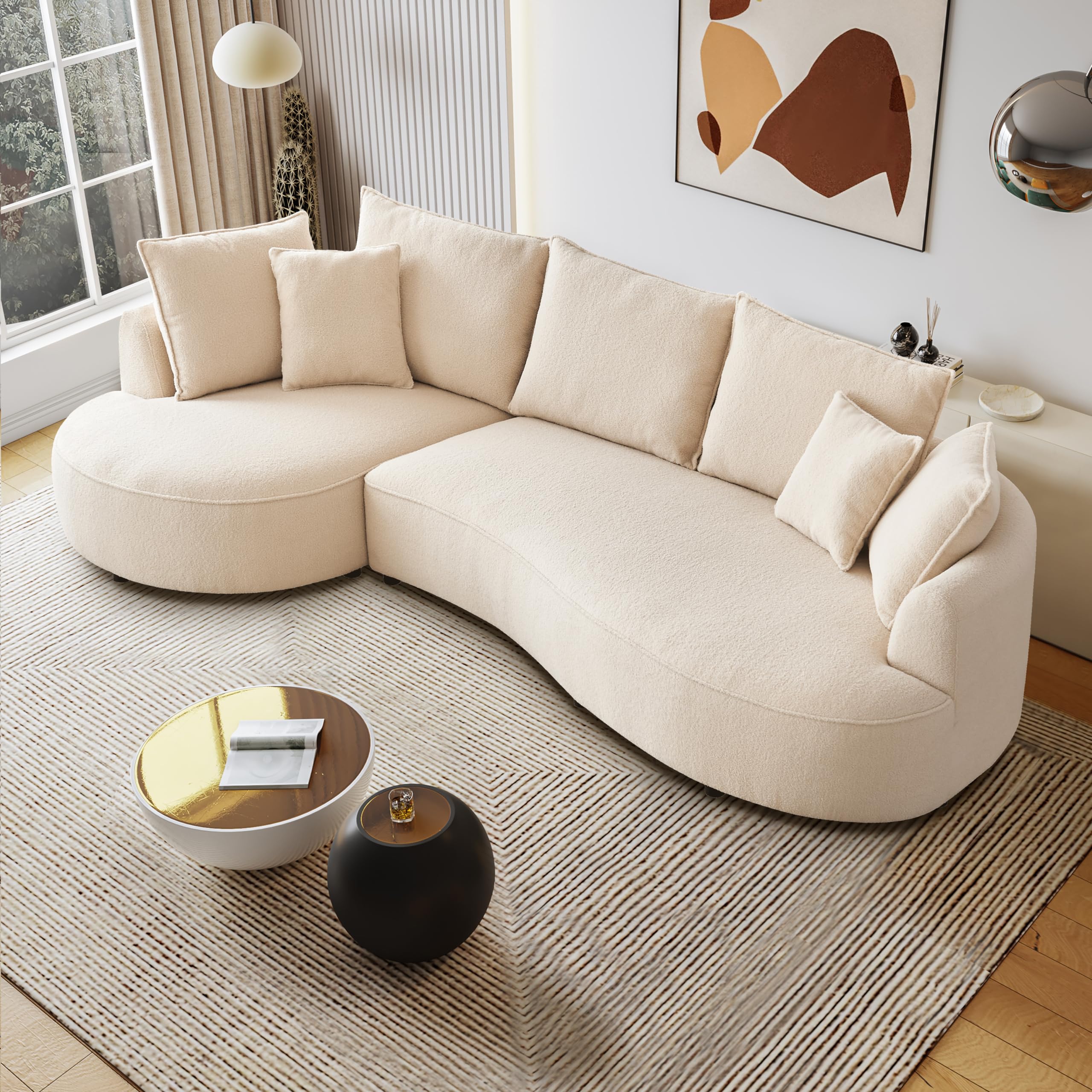 YOOBECH 122.8" Boucle Curved Sofa Modern Cloud Couch for Living Room Luxury 3-Seat Beige Sectional Sofa Couch for Home Apartment Office