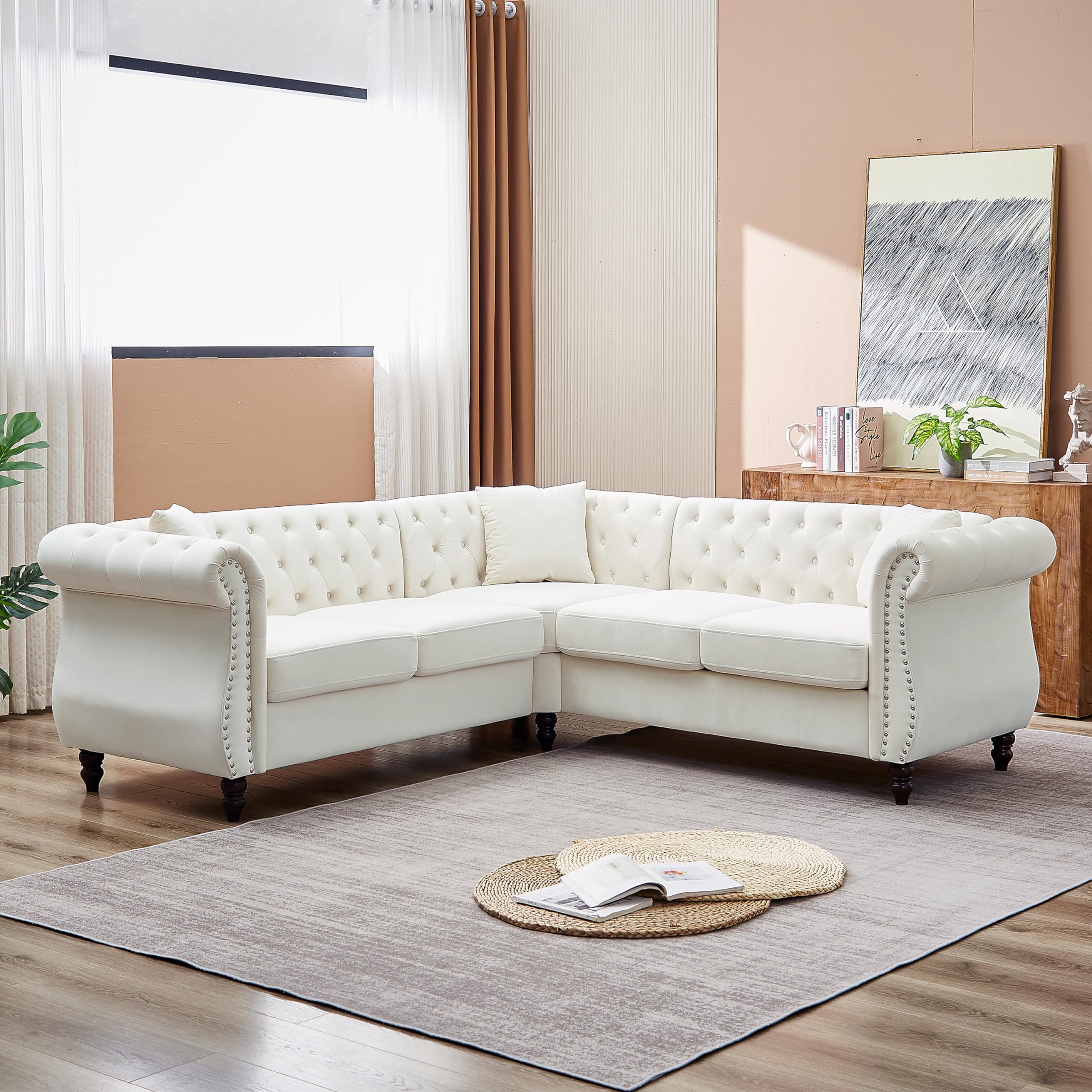 ATUMON 83.5" Oversized L-Shaped Corner Velvet Couch,Heavy Duty Solid Wood Frame and Sturdy Wood Legs,5-Seater Corner Sofas with 3 Pillows for Living Room, Bedroom, Apartment, Office (83.5" Beige)