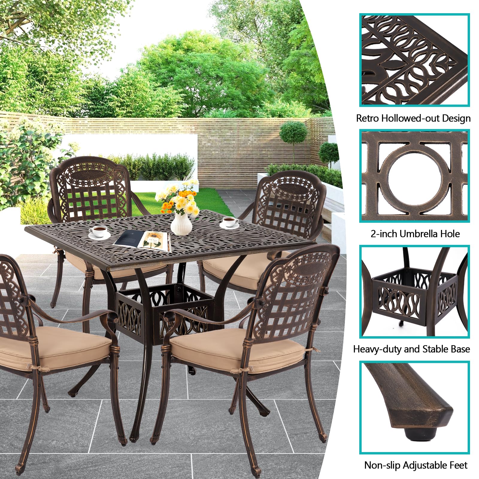 FKLUG 5 Piece Outdoor Patio Dining Set Cast Aluminum Patio Furniture Set Conversation Set for Backyard Garden Deck Poolside(1 Square Table and 4 Lattice Chairs W/Khaki Cushion)