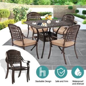 FKLUG 5 Piece Outdoor Patio Dining Set Cast Aluminum Patio Furniture Set Conversation Set for Backyard Garden Deck Poolside(1 Square Table and 4 Lattice Chairs W/Khaki Cushion)