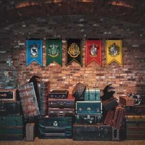 Conquest Journals Harry Potter Wizarding House Banner Flag Set, 12'' x 20'' Polyester Flags, Set of 5 Includes Hogwarts Crest, Gryffindor, Slytherin, Ravenclaw & Hufflepuff Banners, Birthday Party