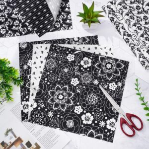 Whaline 60Pcs Flower Cotton Fabric Bundles Black White Floral Fat Quarters Flower Leaves Sewing Fabrics for DIY Handmade Crafting, 10 x 10 Inch